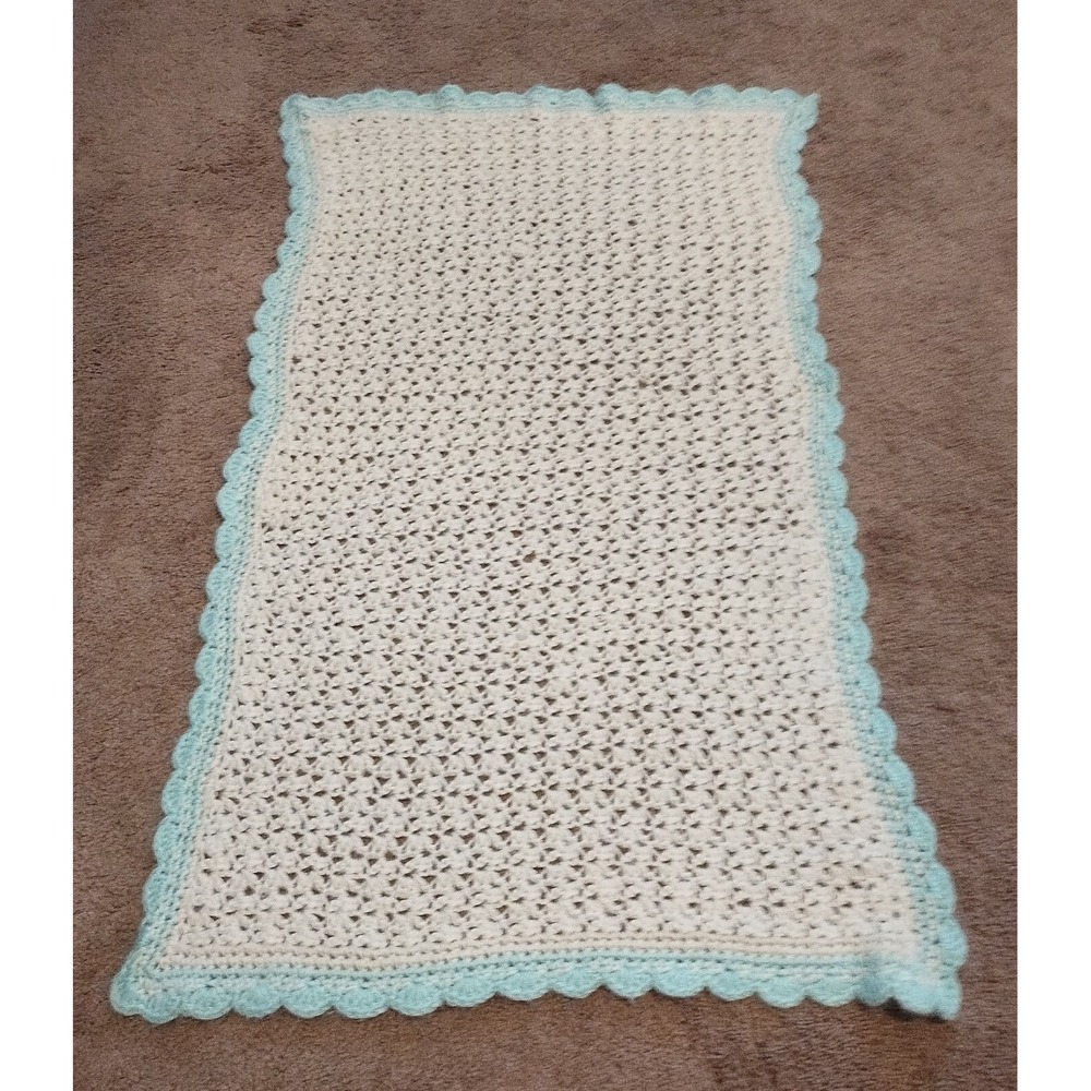 Hand Crochet Rectangle Table Top Cover/Runner 33" Long x 20" Wide, Aqua & Cream